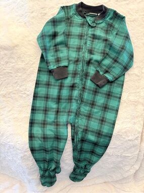 LL Bean Toddler Boys 3T Green Plaid Zipper Sleeper Pajamas EUC footed B